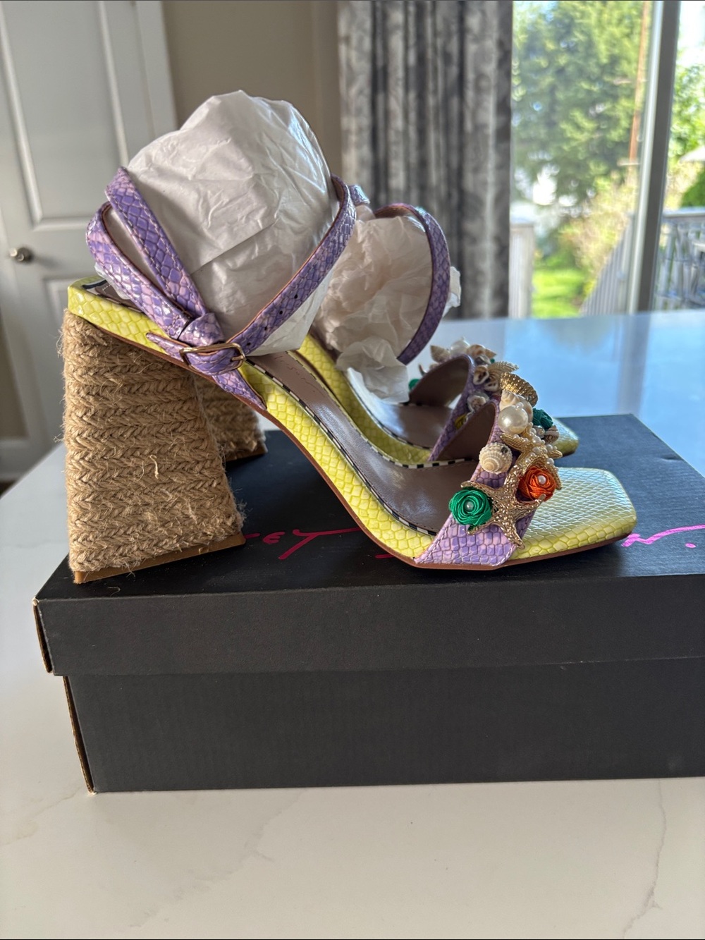 Betsey Johnson Yellow & Purple Floral Pearl Embellished Block Heel Sandals - Picture 8 of 11